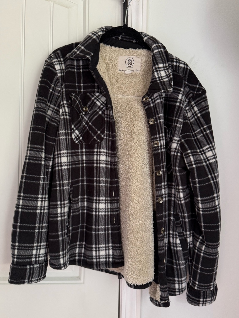 Sage Black & White Plaid Sherpa-Lined Jacket